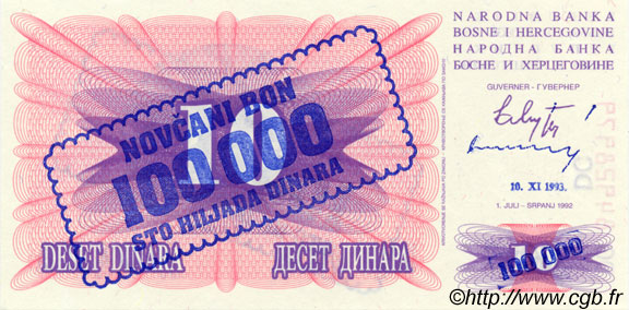 100000 Dinara BOSNIA HERZEGOVINA  1993 P.034b UNC