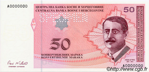 50 Convertible Maraka Spécimen BOSNIA-HERZEGOVINA  1998 P.068s FDC