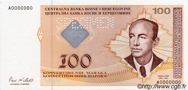 100 Convertible Maraka Spécimen BOSNIA-HERZEGOVINA  1998 P.069s FDC