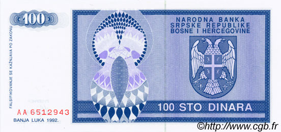 100 Dinara BOSNIEN-HERZEGOWINA  1992 P.135a ST