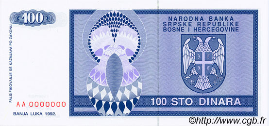 100 Dinara Spécimen BOSNIEN-HERZEGOWINA  1992 P.135s ST