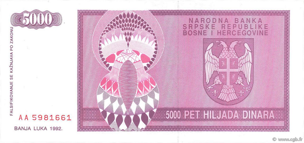 5000 Dinara BOSNIEN-HERZEGOWINA  1992 P.138a ST
