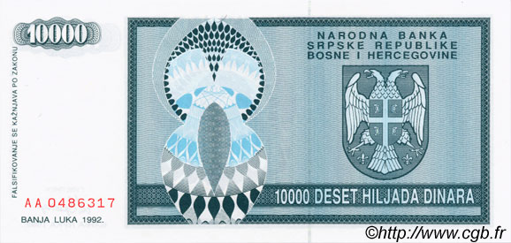 10000 Dinara BOSNIEN-HERZEGOWINA  1992 P.139a ST