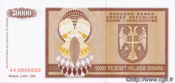 50000 Dinara Spécimen BOSNIEN-HERZEGOWINA  1993 P.140s ST