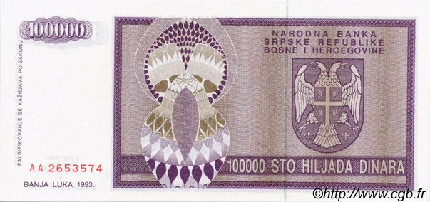 100000 Dinara BOSNIA HERZEGOVINA  1993 P.141a UNC