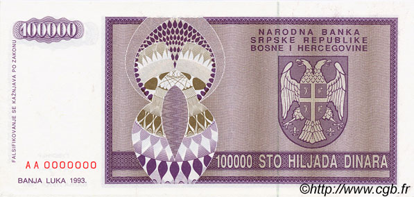100000 Dinara Spécimen BOSNIEN-HERZEGOWINA  1993 P.141s ST