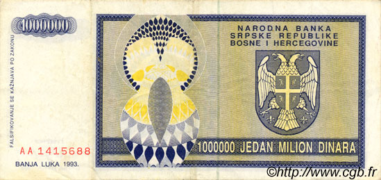 1000000 Dinara BOSNIA HERZEGOVINA  1993 P.142a VF
