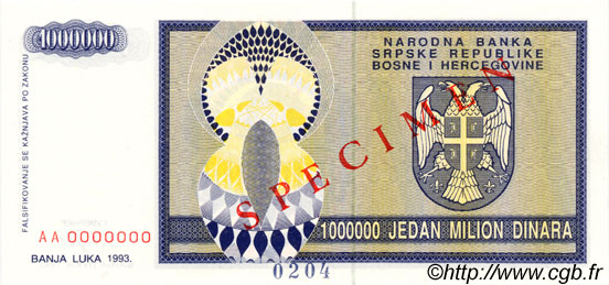 1000000 Dinara Spécimen BOSNIEN-HERZEGOWINA  1993 P.142s ST