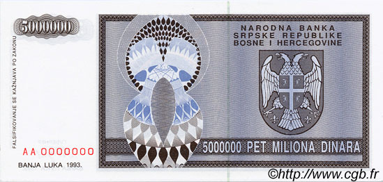 5000000 Dinara Spécimen BOSNIEN-HERZEGOWINA  1993 P.143s ST