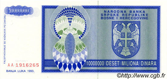 10000000 Dinara BOSNIEN-HERZEGOWINA  1993 P.144a ST