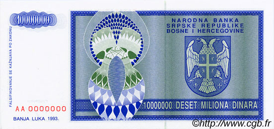 10000000 Dinara Spécimen BOSNIA-HERZEGOVINA  1993 P.144s FDC