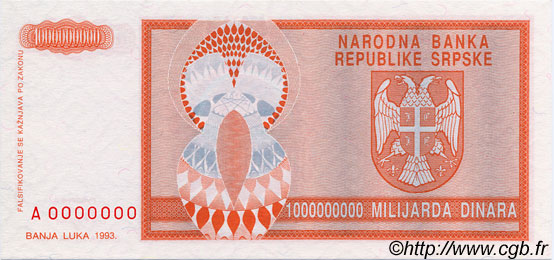 1000000000 Dinara Spécimen BOSNIA-HERZEGOVINA  1993 P.147s FDC