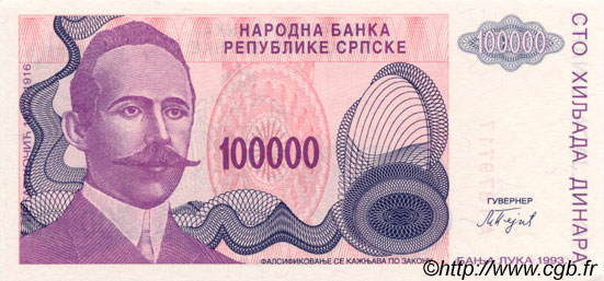 100000 Dinara BOSNIA HERZEGOVINA  1993 P.151a UNC