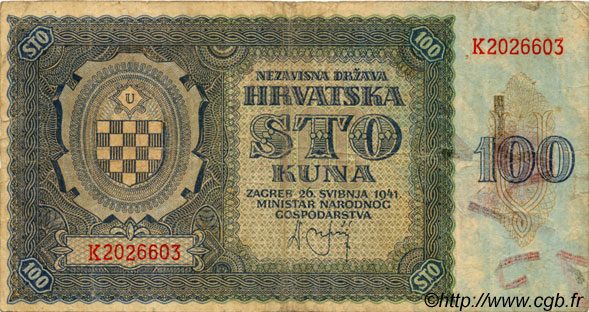 100 Kuna CROATIA  1941 P.02 F+