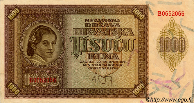 1000 Kuna CROATIA  1941 P.04a VF+