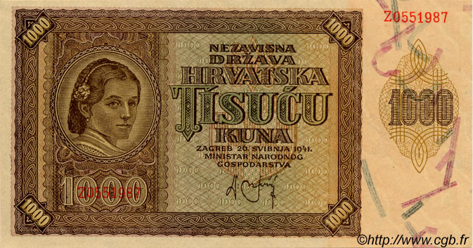 1000 Kuna CROACIA  1941 P.04a SC