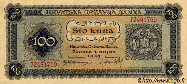 100 Kuna CROATIA  1943 P.11 UNC
