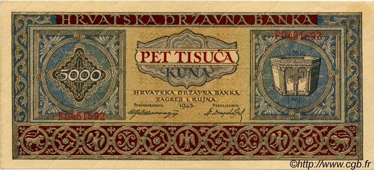 5000 Kuna CROATIA  1943 P.13a AU+