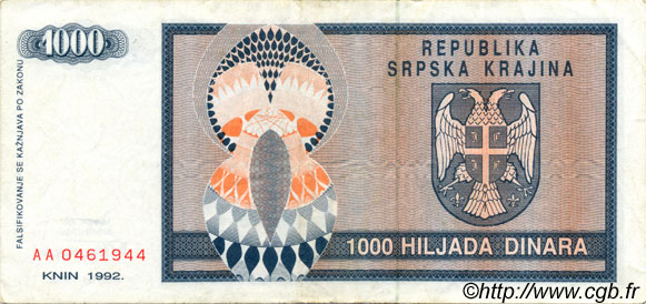 1000 Dinara KROATIEN  1992 P.R05a SS