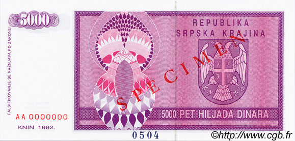 5000 Dinara Spécimen CROACIA  1992 P.R06s FDC