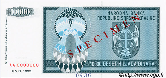 10000 Dinara Spécimen CROATIA  1992 P.R07s UNC
