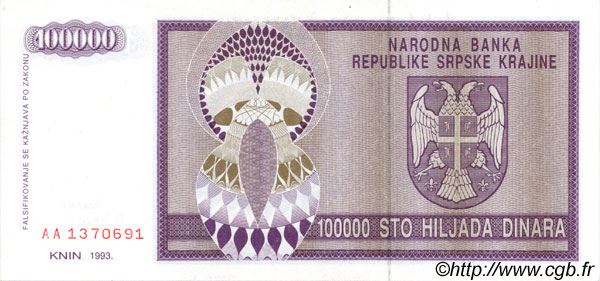 100000 Dinara CROATIA  1993 P.R09a UNC-