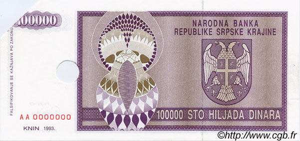 100000 Dinara Annulé KROATIEN  1993 P.R09s fST+
