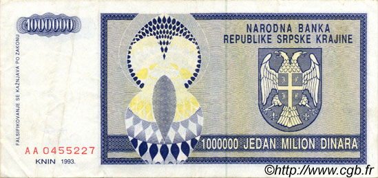 1000000 Dinara CROATIA  1993 P.R10a VF