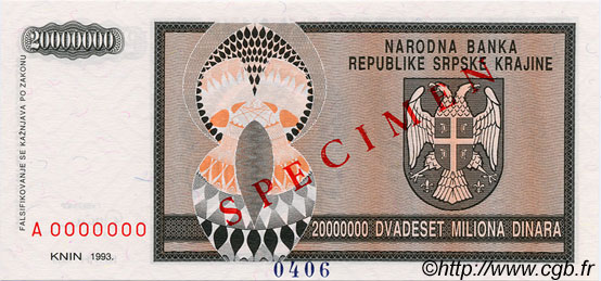 20 000 000 Dinara Spécimen KROATIEN  1993 P.R13s ST
