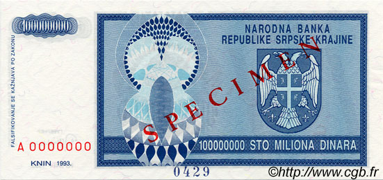 100000000 Dinara Spécimen CROATIA  1993 P.R15s UNC