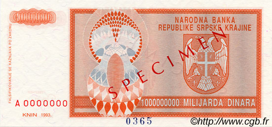 1000000000 Dinara Spécimen KROATIEN  1993 P.R17s ST