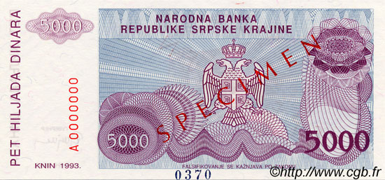 5000 Dinara Spécimen CROATIA  1993 P.R20s UNC