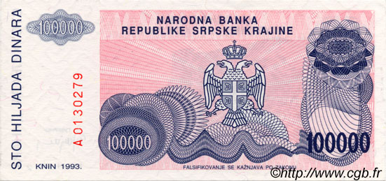 100000 Dinara CROATIE  1993 P.R22a NEUF