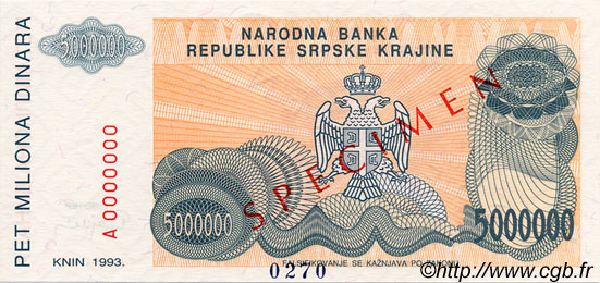 5000000 Dinara Spécimen KROATIEN  1993 P.R24s ST