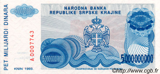 5000000000 Dinara CROATIE  1993 P.R27a NEUF