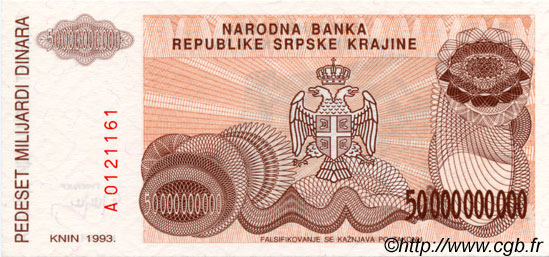 50000000000 Dinara CROATIE  1993 P.R29a NEUF