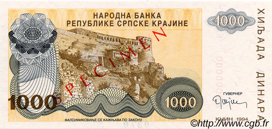 1000 Dinara Spécimen CROATIA  1994 P.R30s UNC