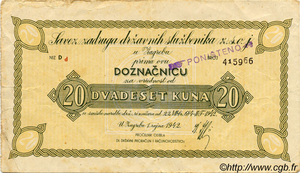 20 Kuna CROATIA Zagreb 1942 P.-- F+