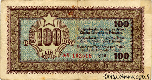100 Lire YUGOSLAVIA Fiume 1945 P.R06a MB