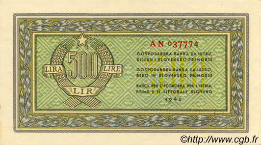 500 Lire YUGOSLAVIA Fiume 1945 P.R07a SC+