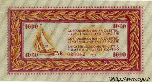 1000 Lire YUGOSLAVIA Fiume 1945 P.R08 SC+