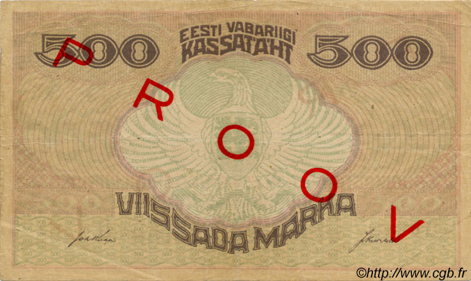 500 Marka Spécimen ESTONIA  1921 P.49s VF