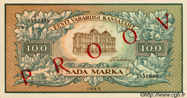 100 Marka Épreuve ESTONIA  1923 P.51s SC