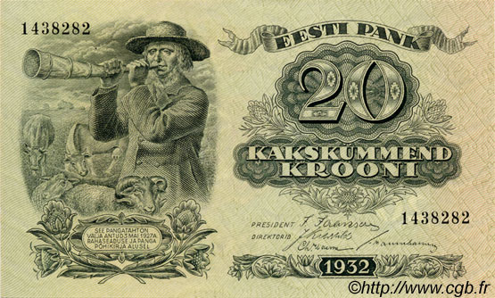 20 Krooni ESTONIA  1932 P.64a AU