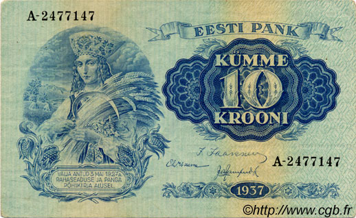 10 Krooni ESTONIA  1937 P.67a XF