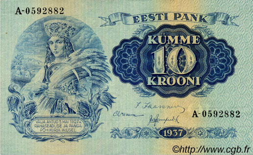 10 Krooni ESTONIA  1937 P.67a AU