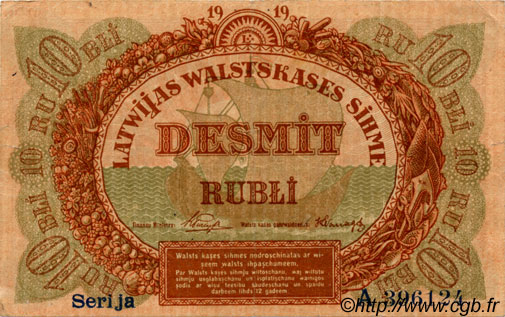 10 Rubli LATVIA  1919 P.04d VF