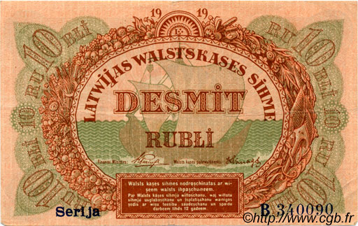 10 Rubli LATVIA  1919 P.04d VF