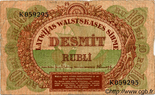 10 Rubli LATVIA  1919 P.04f VG