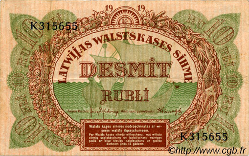 10 Rubli LETTONIA  1919 P.04f BB